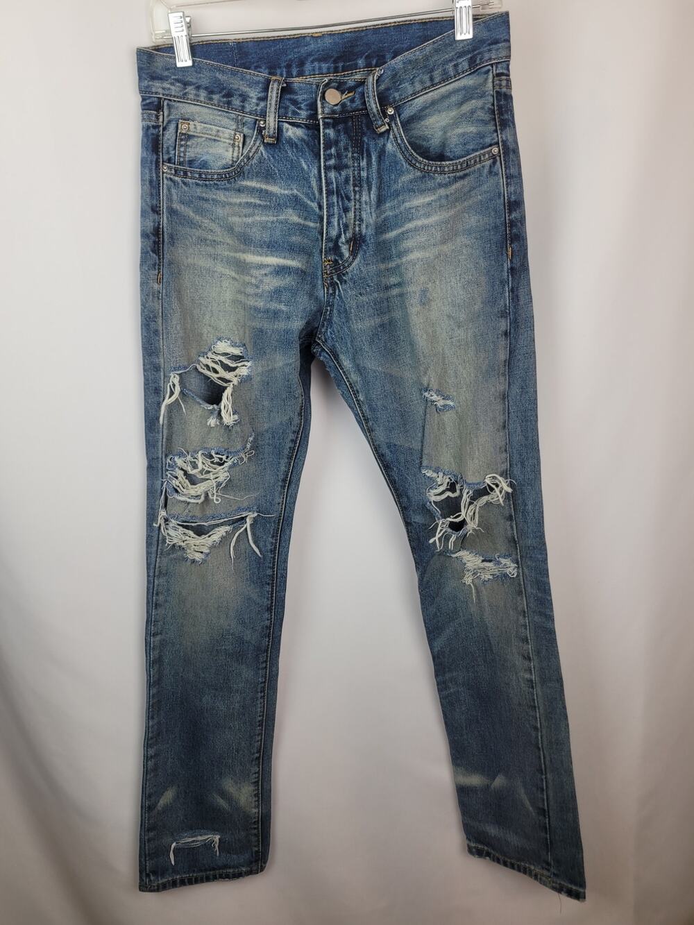 MNML Distressed Skinny Straight Button Fly Denim Jean Grunge Streetwear Sz 28x30